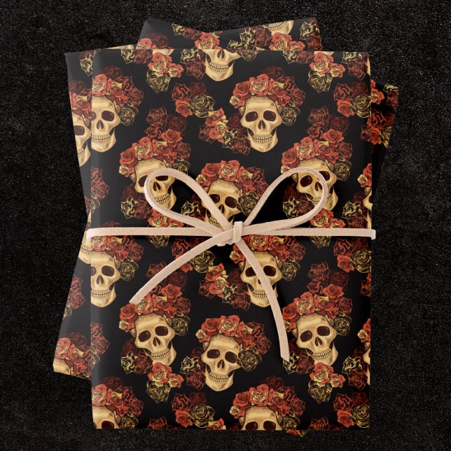 Gothic Skull Red Rose Black Halloween Pattern Wrapping Paper Sheets