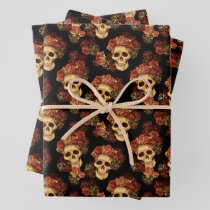 Gothic Skull Red Rose Black Halloween Pattern Wrapping Paper Sheets