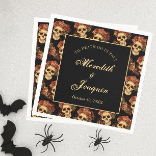 Gothic Skull Red Rose Black Halloween Wedding Napkins