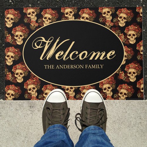 Gothic Skull Red Rose Black Halloween Welcome Doormat