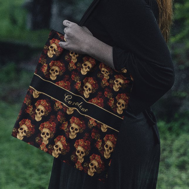 Gothic Skull Red Rose Black Monogram Halloween Tote Bag (Creator Uploaded)