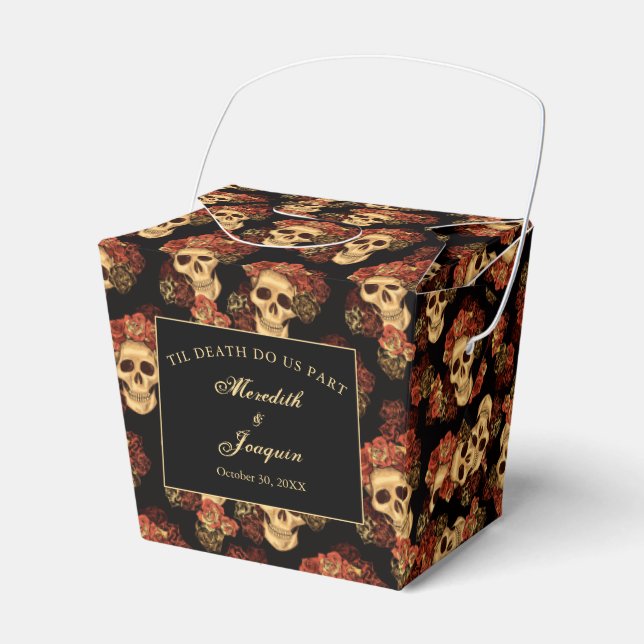Gothic Skull Red Rose Custom Black Wedding Fortune Favor Boxes (Front Side)