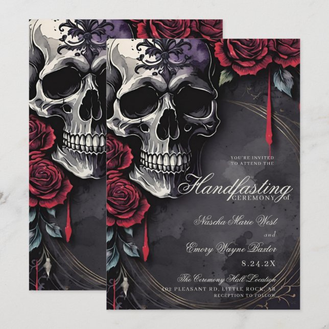 Gothic Skull & Red Roses Halloween Handfasting Invitation (Front/Back)