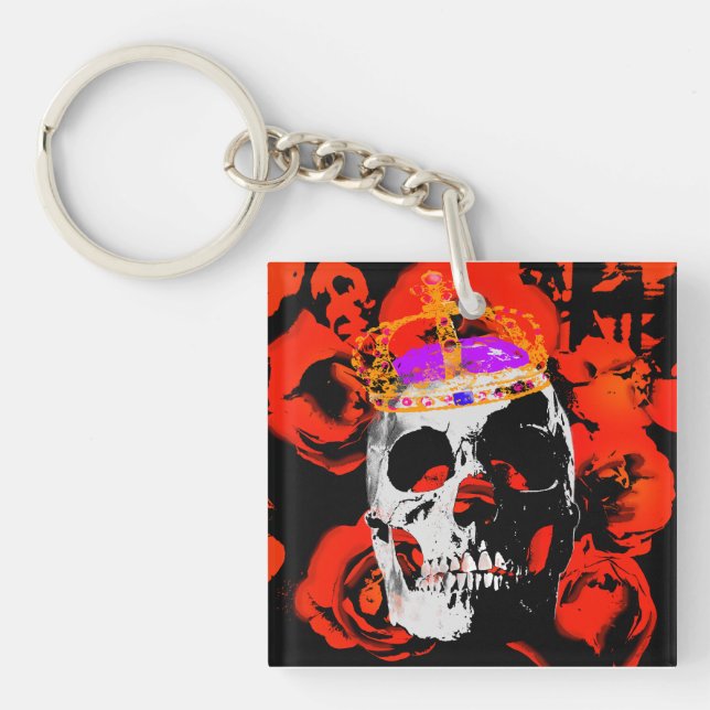 Gothic Skull Red Roses Keychain (Front)