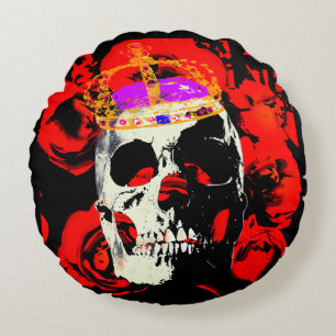 Gothic Skull Red Roses Round Pillow