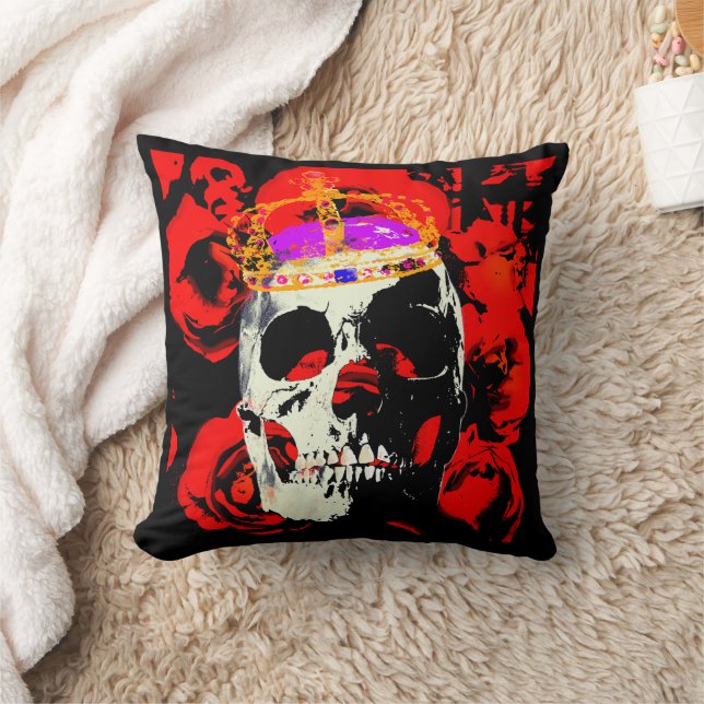 Gothic Skull Red Roses Throw Pillow (Blanket)