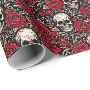 Gothic Skull & Red Roses Toile Pattern Wrapping Paper