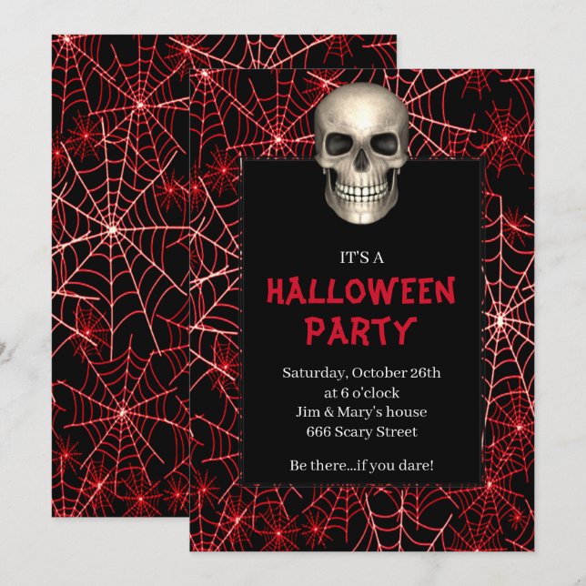 Gothic Skull Red Spider Web Halloween Party Invitation (Front/Back)