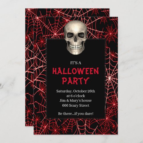 Gothic Skull Red Spider Web Halloween Party Invitation