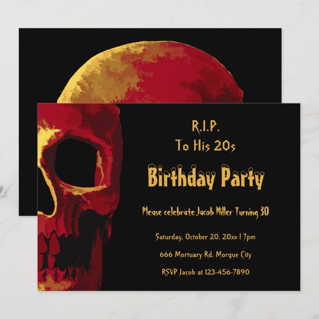 Gothic Skull Red Yellow Birthday RIP To His 20s Invitation (Front/Back)