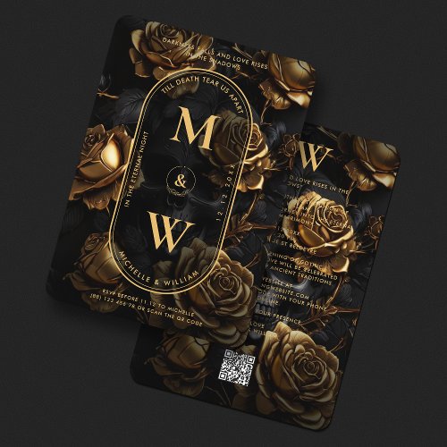 Gothic Skull Rose Boho Elegant Monogram Black Gold Invitation
