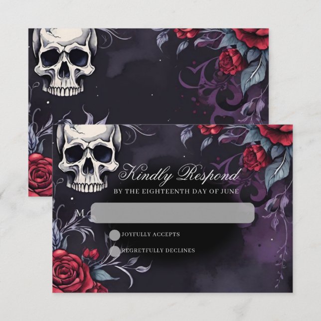 Gothic Skull & Rose Elegant Dark Wedding RSVP Card (Front/Back)