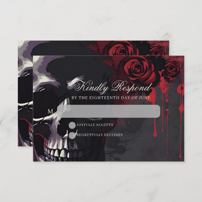 Gothic Skull & Rose Elegant Dark Wedding RSVP Card (Front/Back)