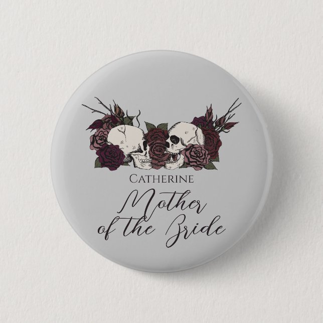Gothic Skull & Rose Light Gray Wedding Party Button (Front)