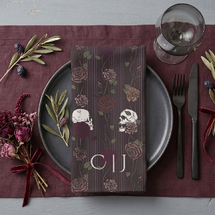 Gothic Skull Rose Maroon Monogrammed Wedding Cloth Napkin