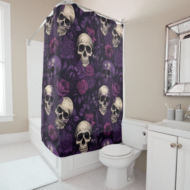 Gothic Skull Rose Purple Shower Curtain (In Situ)