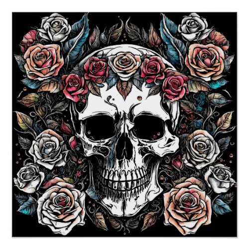 Gothic  Skull  Roses AI artwork Poster