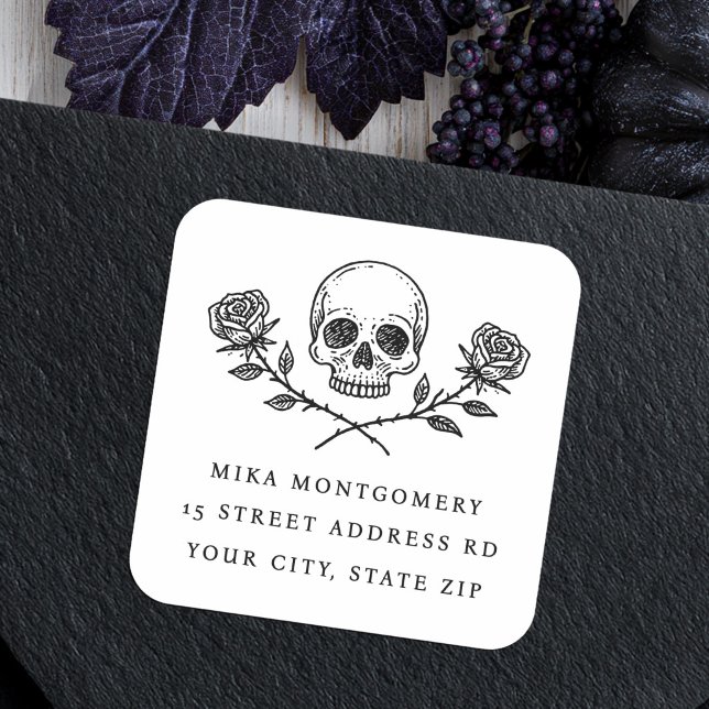 Gothic Skull & Roses Halloween Return Address Square Sticker (Gothic Skull & Roses Halloween Return Address Square Sticker)