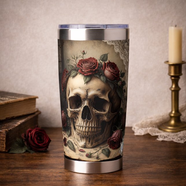 Gothic Skull Roses Monogram Dark Academia Design Insulated Tumbler (Gothic Skull Roses Monogram Dark Academia Design Insulated Tumbler)
