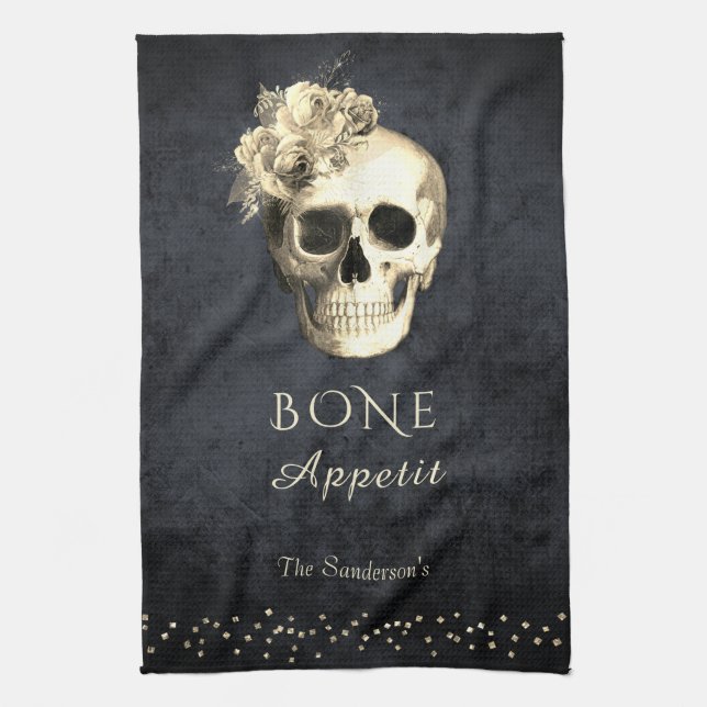 Gothic Skull Roses Personalized Kitchen Towel (Vertical)