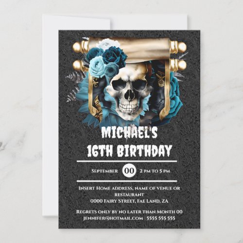 Gothic skull roses pirate kids adults leather blue invitation