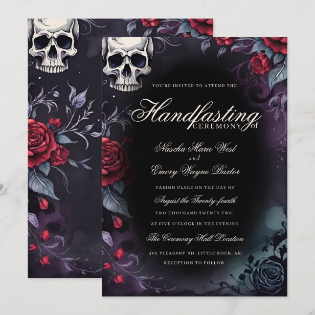 Gothic Skull & Roses Purple Black Handfasting Invitation (Front/Back)