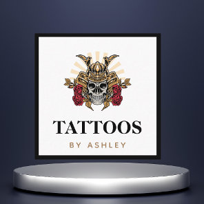 Gothic Skull & Samurai Helmet Modern Tattoo Artist Square Business Card