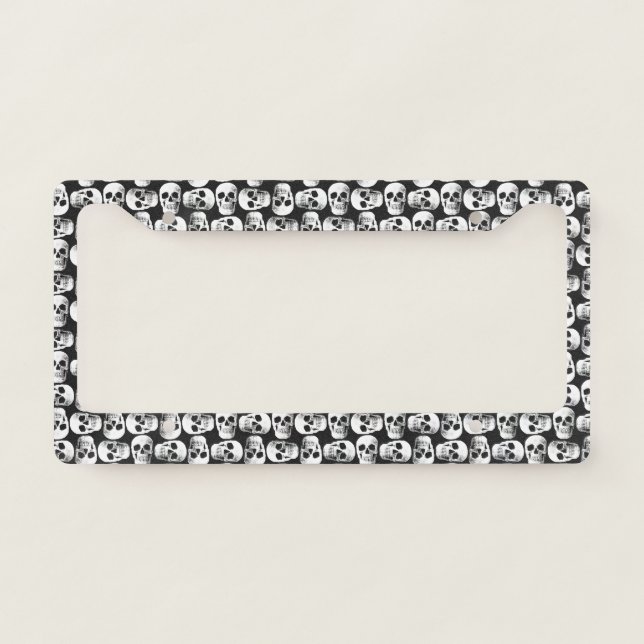 Gothic Skull Scary Black And White Pattern Design License Plate Frame (Front)