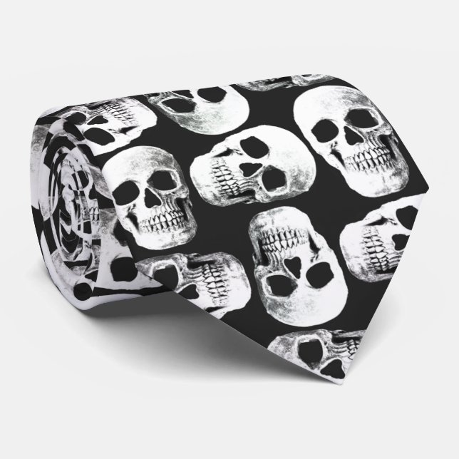 Gothic Skull Scary Black And White Pattern Design Neck Tie (Rolled)