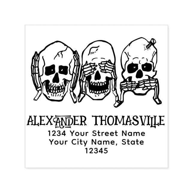 Gothic Skull See Hear Speak No Evil Name Address Self-inking Stamp (Design)