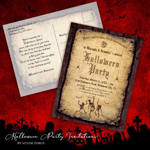 Gothic Skull Skeletons Bats Halloween Party Invite