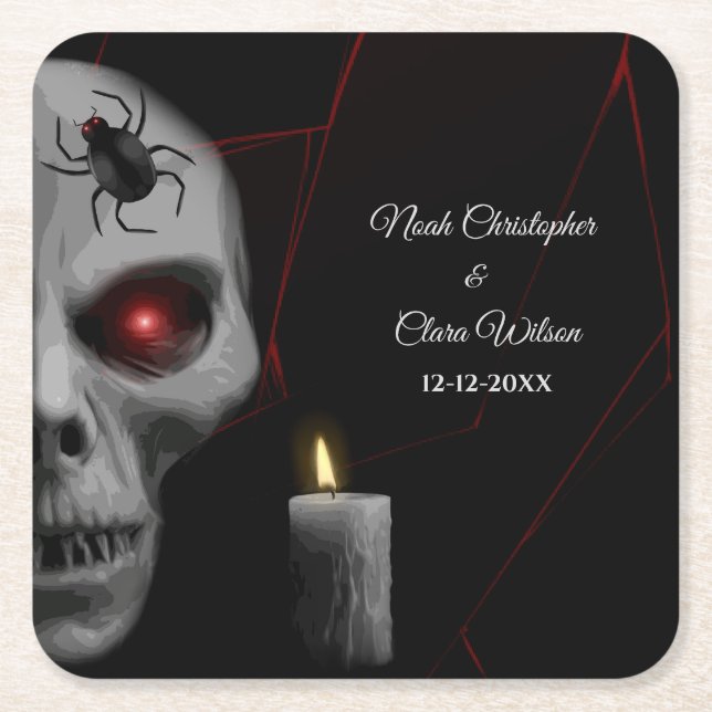 Gothic Skull Spider Candle - Dark Moody Halloween Square Paper Coaster (Front)
