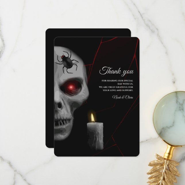 Gothic Skull Spider Candle - Dark Moody Halloween  Thank You Card (Front/Back In Situ)