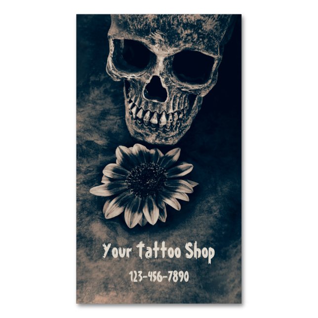 Gothic Skull Sunflower Vintage Antique Business Card Magnet (Front Vertical)