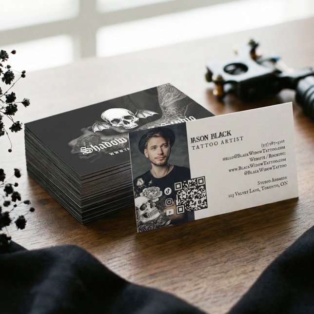 Gothic Skull Tattoo Artist Studio Photo QR Code  Business Card (Gothic Skull Tattoo Artist Studio Photo QR Code Business Card)