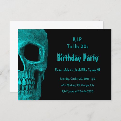 Gothic Skull Teal Black Birthday RIP To His 20s Invitation Postcard