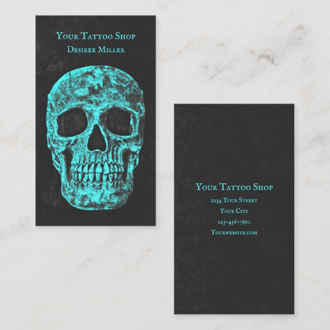 Gothic Skull Teal Grunge Texture Tattoo Shop Business Card (Front/Back)