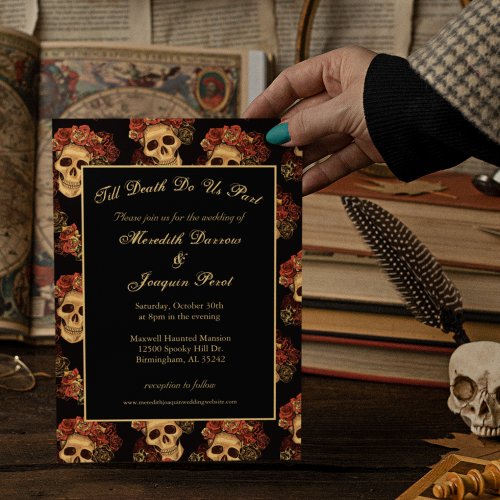 Gothic Skull Till Death Do Us Part Black Wedding Invitation