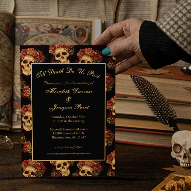 Gothic Skull Till Death Do Us Part Black Wedding Invitation | Zazzle