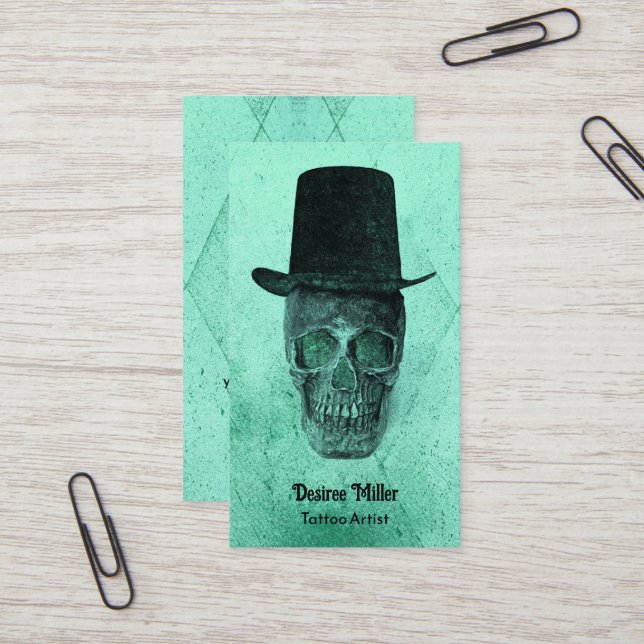 Gothic Skull Victorian Neon Green Tattoo Artist Business Card (Front/Back In Situ)