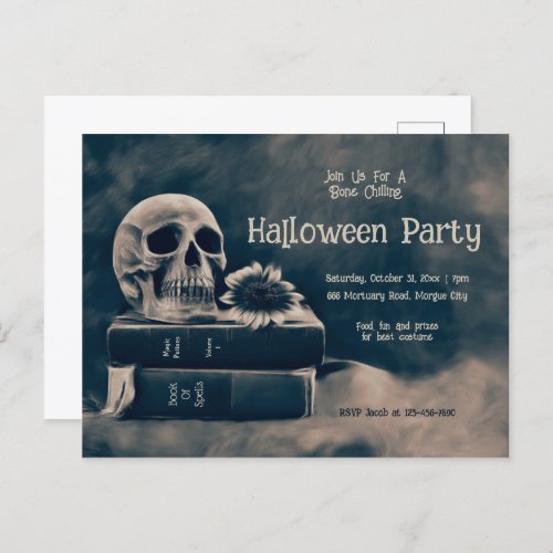 Gothic Skull Vintage Books Macabre Halloween Party Invitation Postcard