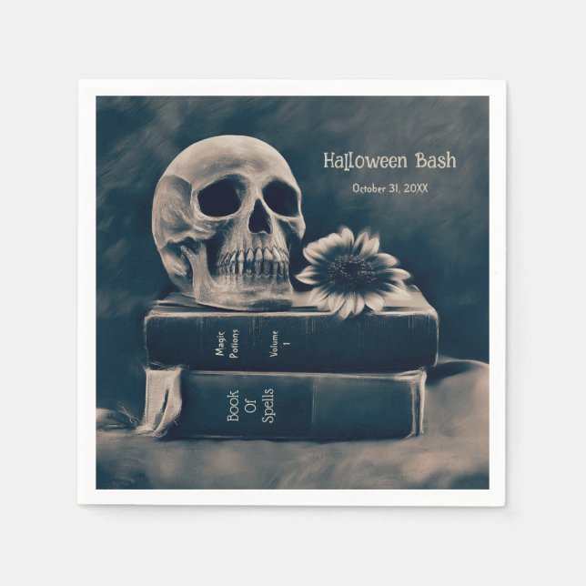Gothic Skull Vintage Books Macabre Halloween Party Napkins (Front)