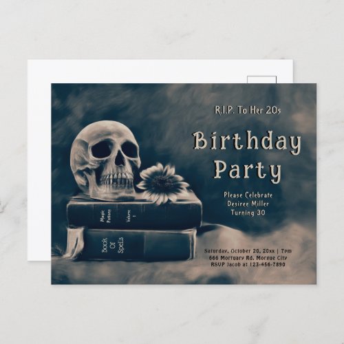Gothic Skull Vintage Books Macabre RIP To Her 20s Invitation Postcard