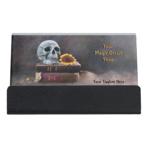 Gothic Skull Vintage Books Yellow Sunflower Magic Desk Business Card Holder