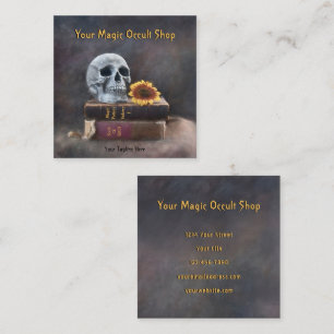 Gothic Skull Vintage Books Yellow Sunflower Magic Square Business Card