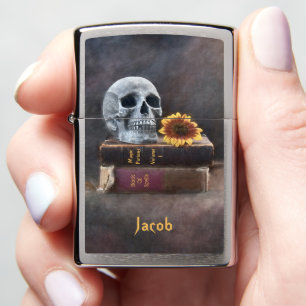 Gothic Skull Vintage Books Yellow Sunflower Zippo Lighter