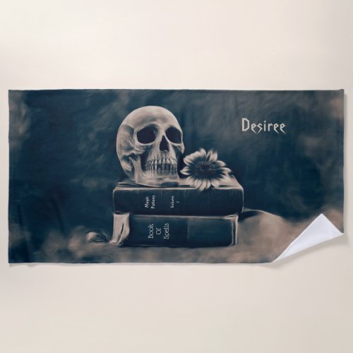 Gothic Skull Vintage Old Books Cyanotype Macabre Beach Towel