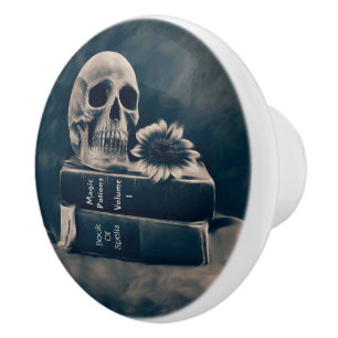 Gothic Skull Vintage Old Books Cyanotype Macabre Ceramic Knob