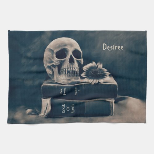 Gothic Skull Vintage Old Books Cyanotype Macabre Kitchen Towel