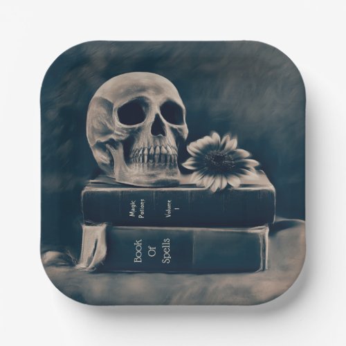 Gothic Skull Vintage Old Books Cyanotype Macabre Paper Plates